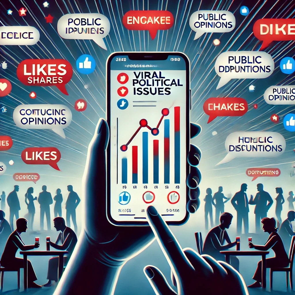 DALL·E 2025-01-30 16.39.36 – A digital illustration depicting the viral spread of political issues on social media. The image features a smartphone screen displaying trending poli