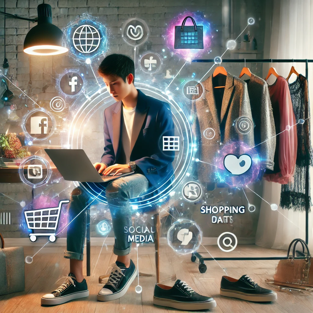 DALL·E 2025-02-02 17.46.08 – A modern digital fashion business concept. A young entrepreneur working on a laptop surrounded by clothing items, shoes, and accessories. Social media