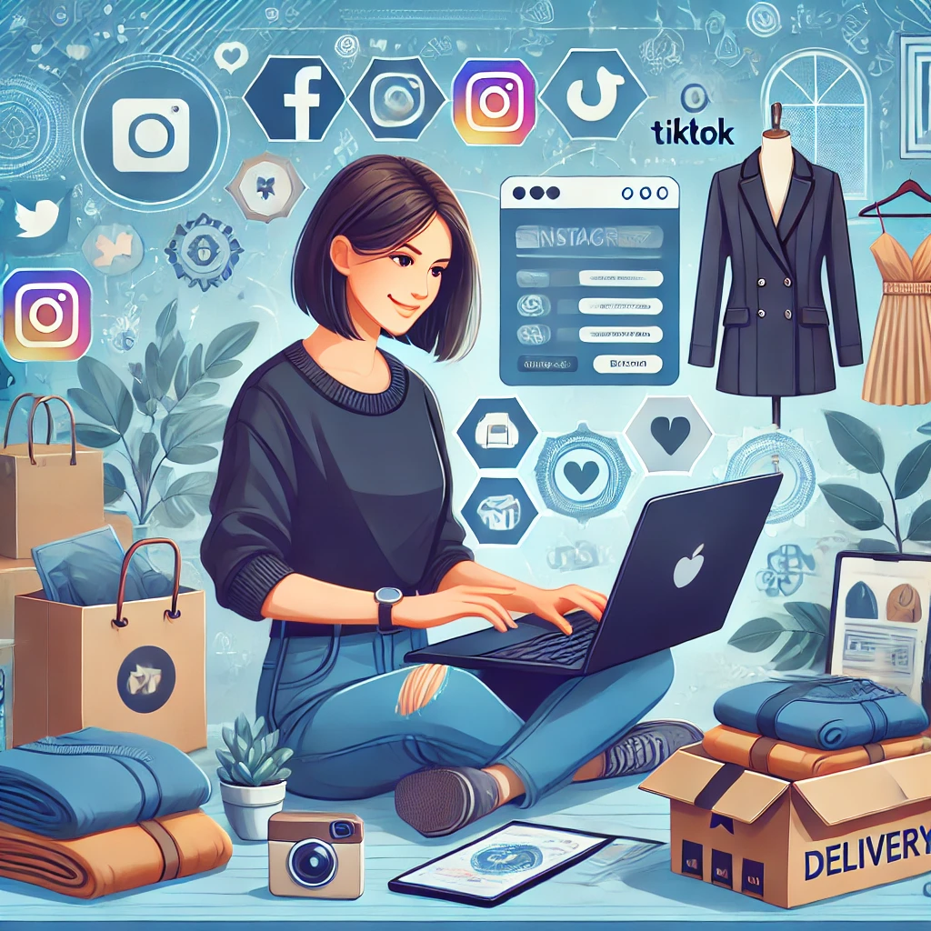 DALL·E 2025-02-03 13.53.23 – An illustration of a modern online fashion business concept. A young entrepreneur working on a laptop in a stylish workspace, surrounded by clothing s